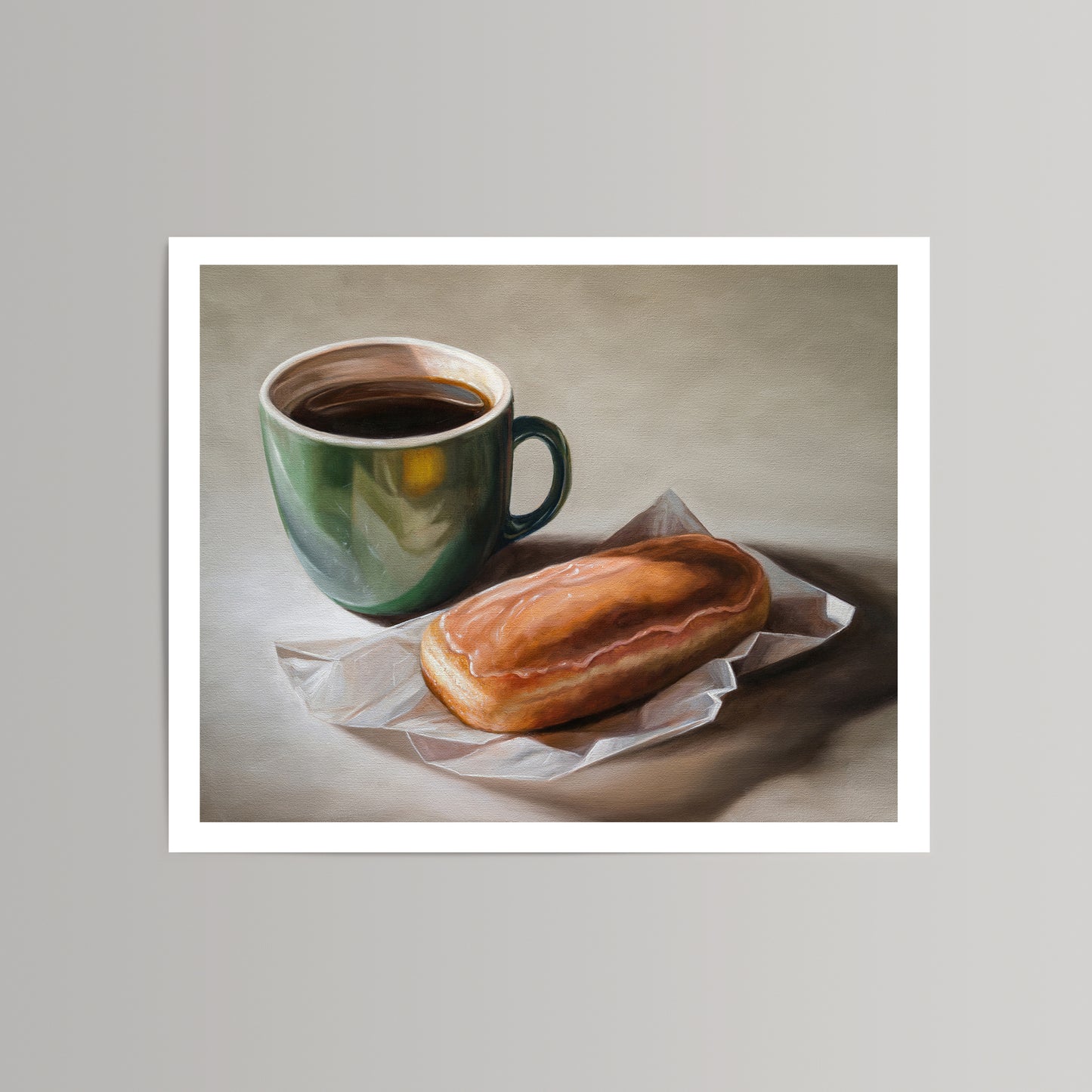 Fine art print of a dark green coffee mug next to a maple bar donut on crumpled white paper.