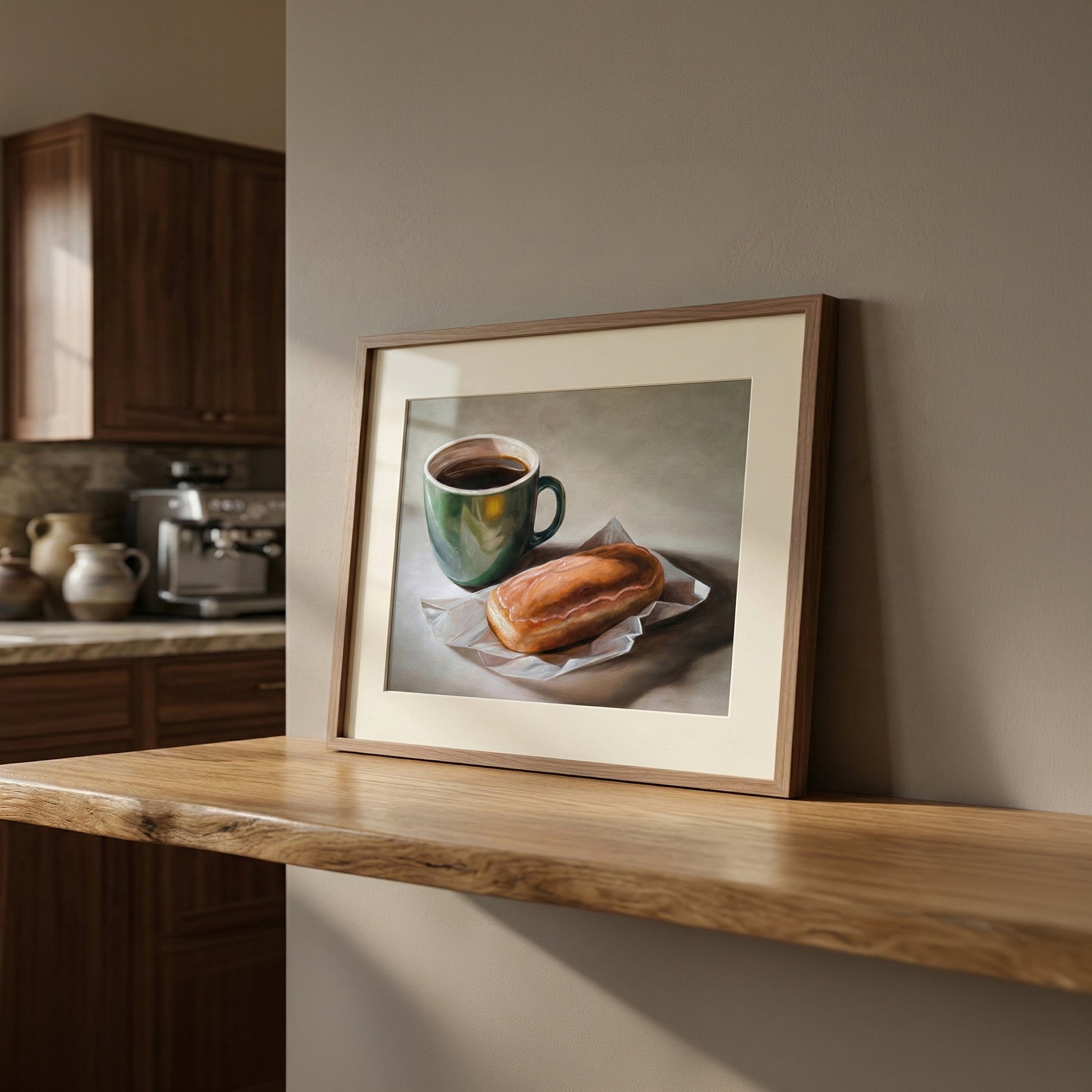 Framed fine art print of a coffee mug and maple bar donut on a wooden shelf in a kitchen.