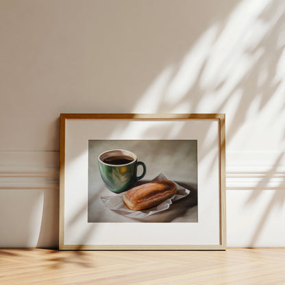 Framed fine art print of a coffee cup and maple bar donut, with natural light and shadows.