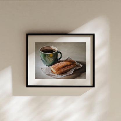Framed fine art print of a coffee cup and maple bar donut on cotton rag paper.