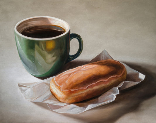 Still life painting of a dark coffee in a green mug next to a maple bar donut on crumpled white paper.