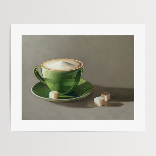 Coffee & Sugar Cubes Fine Art Print by Lauren Pretorius: a green cup of coffee with foam and a trio of sugar cubes.