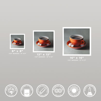 Fine art print of an orange coffee cup with sugar cubes on a saucer, shown in 8x8, 12x12, and 16x16 sizes.