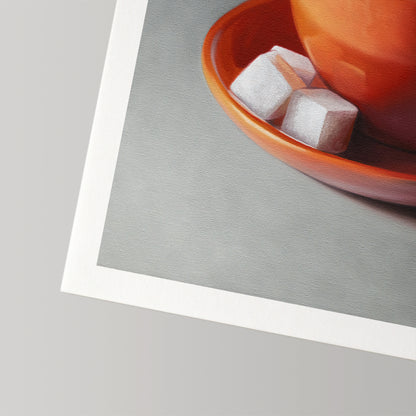 Fine art print of a vibrant orange coffee cup with two white sugar cubes on a matching saucer.