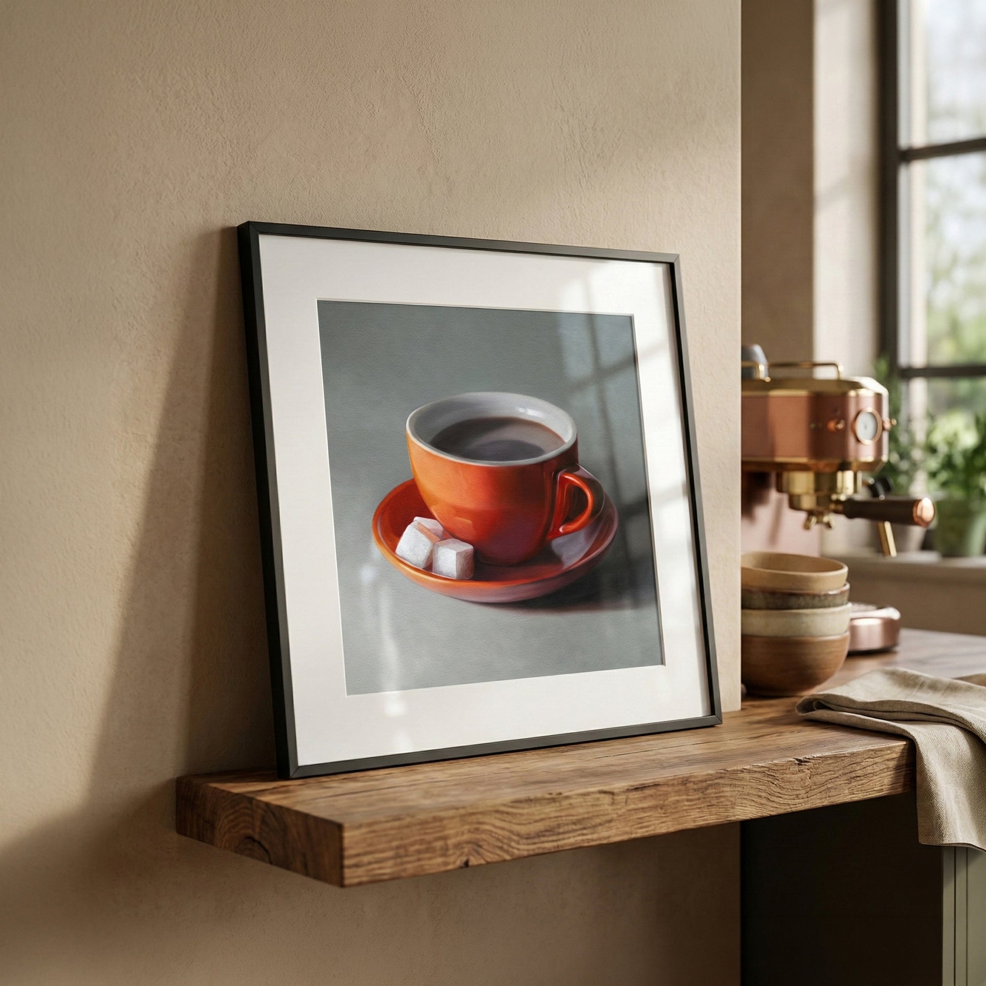Fine art print of an orange coffee cup with sugar cubes, framed in black, on a wooden shelf.
