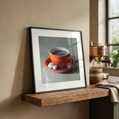 Fine art print of an orange coffee cup with sugar cubes, framed in black, on a wooden shelf.