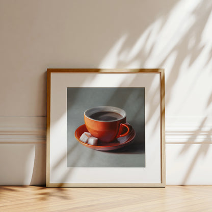 Fine art print of a vibrant orange coffee cup and saucer with two white sugar cubes, framed in light wood.