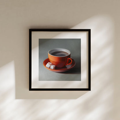 Framed fine art print of a vibrant orange coffee cup with two white sugar cubes on a matching saucer.