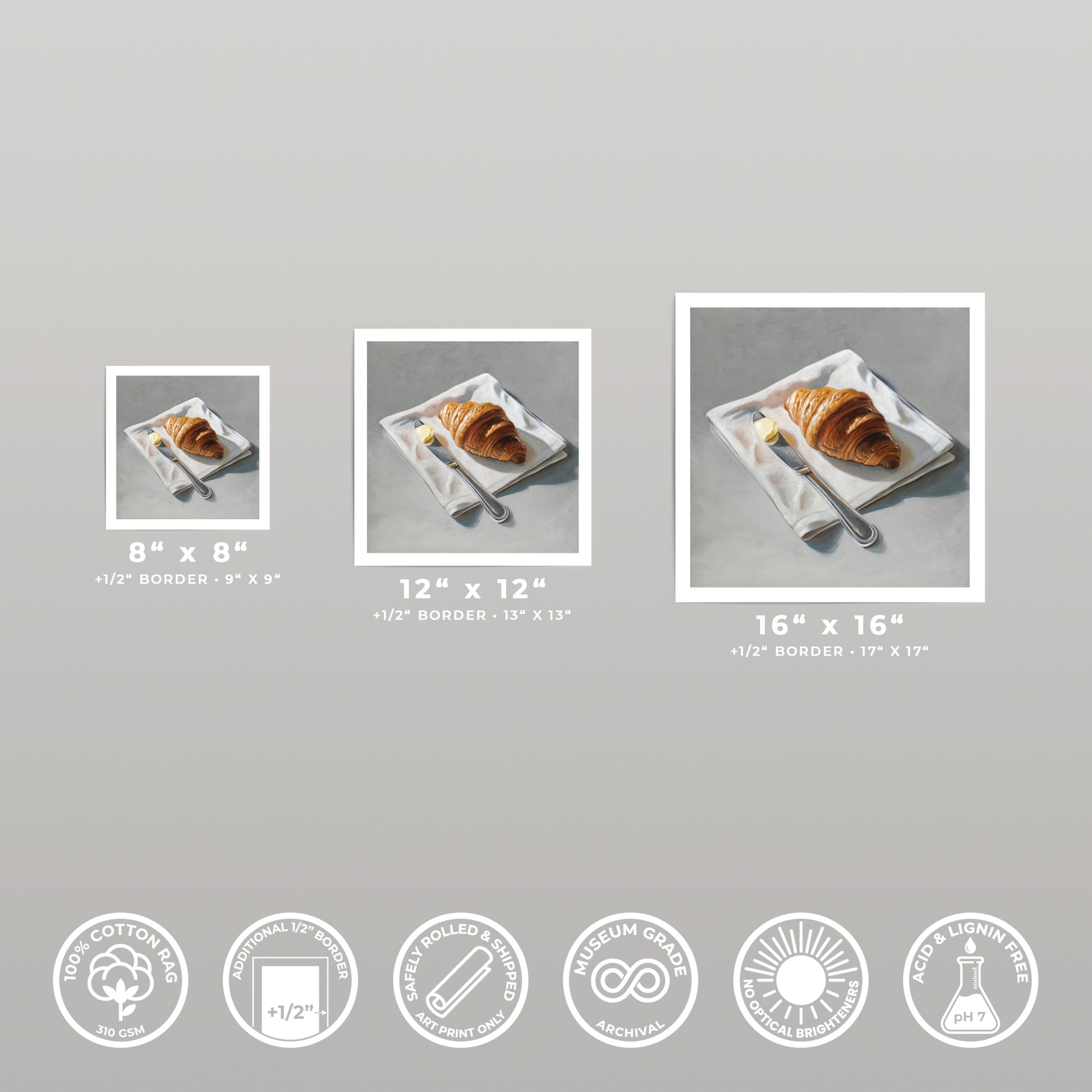 Three square art prints of a croissant with butter on a white napkin, available in 8x8, 12x12, and 16x16 inches.