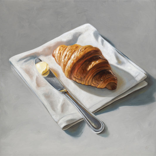 Oil painting of a golden croissant, butter on a silver knife, and a white napkin on a gray background.