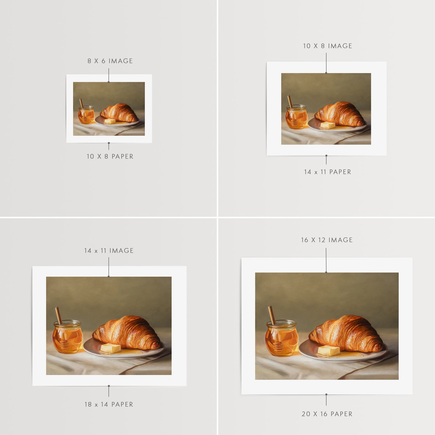 Croissant, Honey & Butter Fine Art Print by Lauren Pretorius: a croissant with honey and butter on a plate.