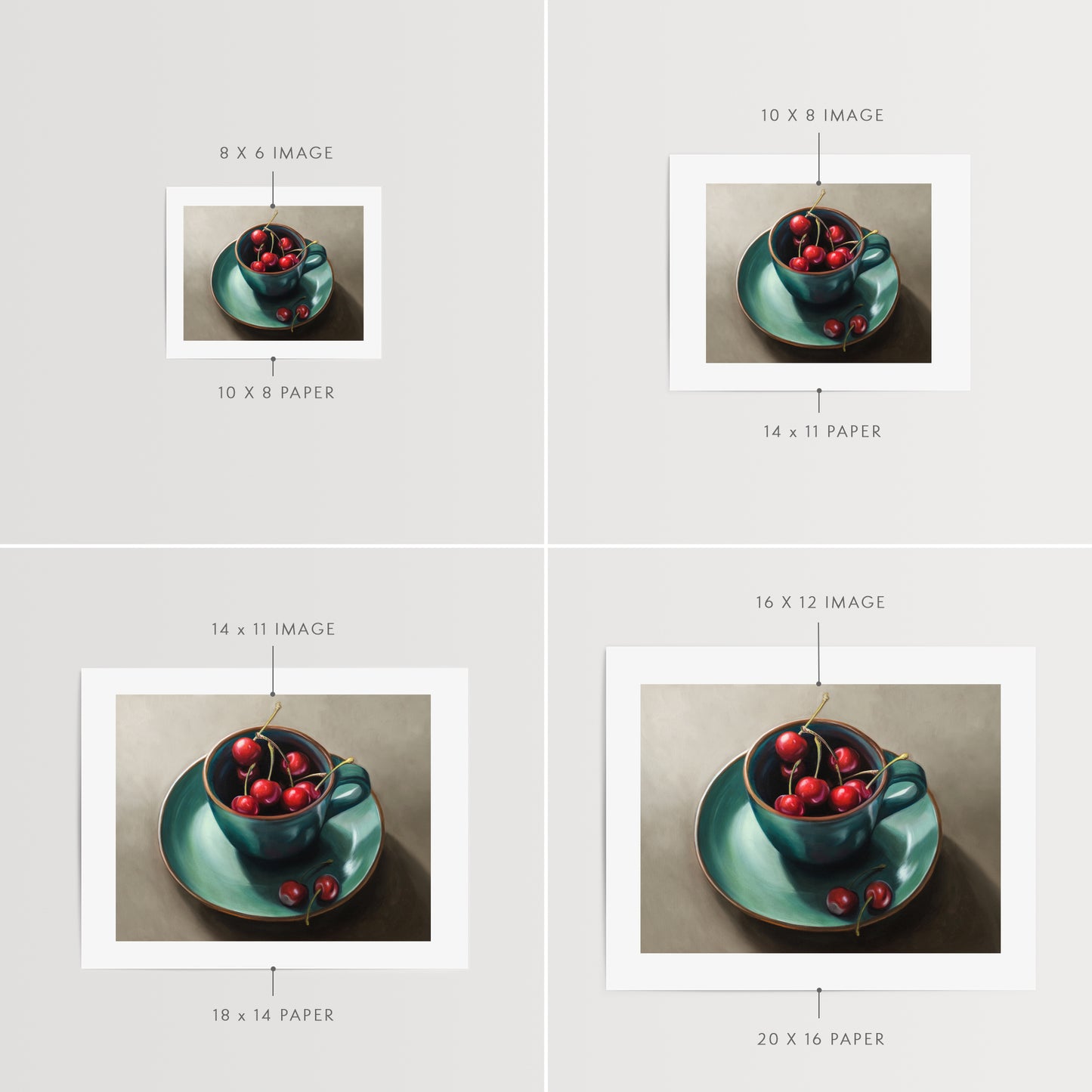 Cup of Cherries Fine Art Print by Lauren Pretorius: red cherries inside a blue green ceramic cup with a matching saucer, with a few cherries scattered outside the cup on a grey surface.