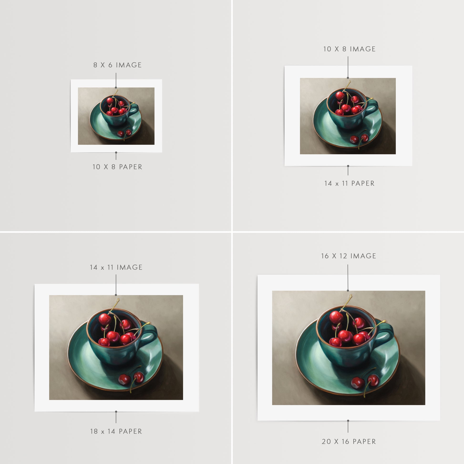 Cup of Cherries Fine Art Print by Lauren Pretorius: red cherries inside a blue green ceramic cup with a matching saucer, with a few cherries scattered outside the cup on a grey surface.