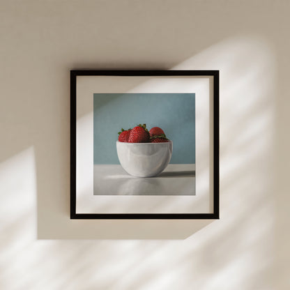 Cup of Strawberries Fine Art Print by Lauren Pretorius: a white porcelain cup filled with plump strawberries.