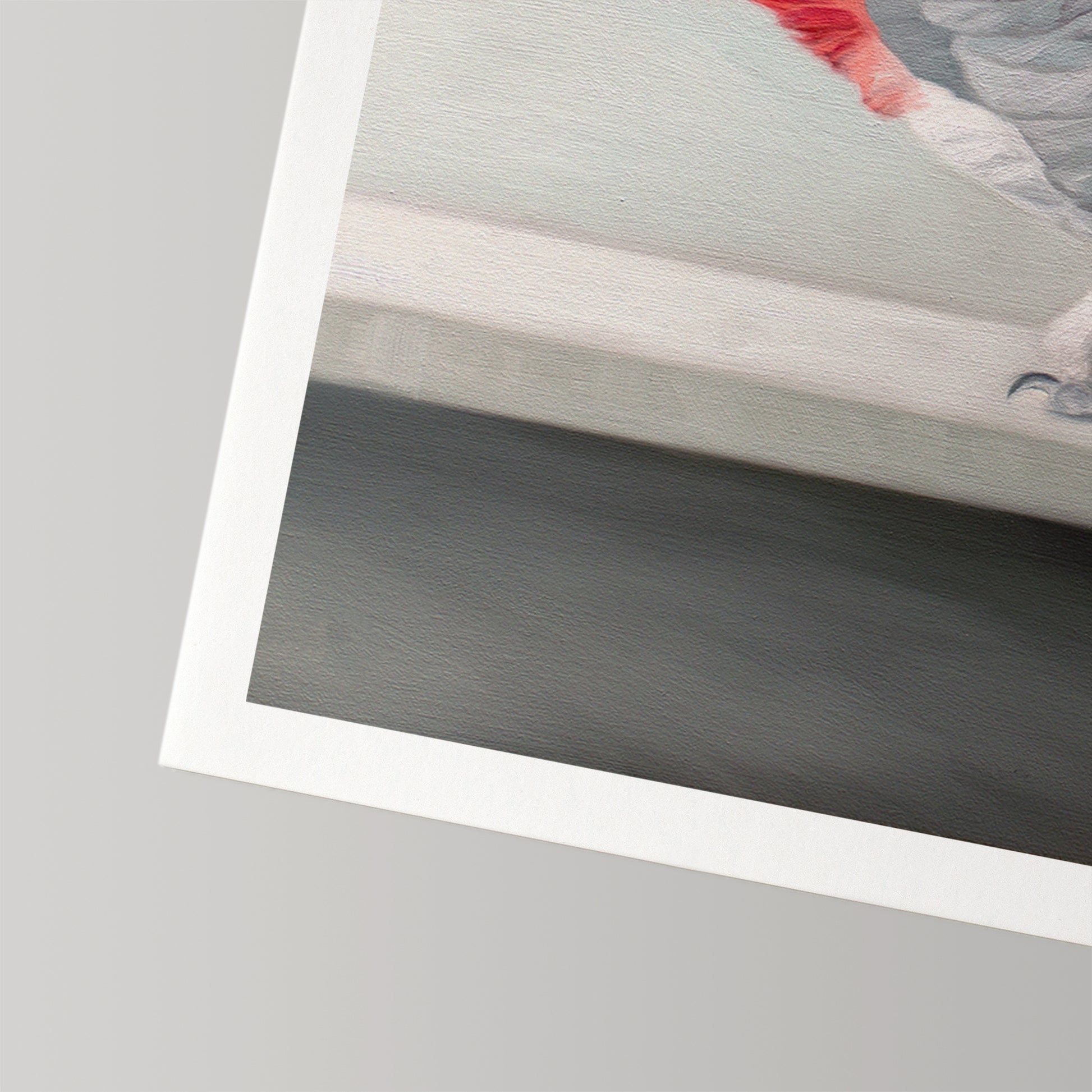 Close-up of a fine art print on cotton rag paper, showing a white border and the textured detail of a painting.