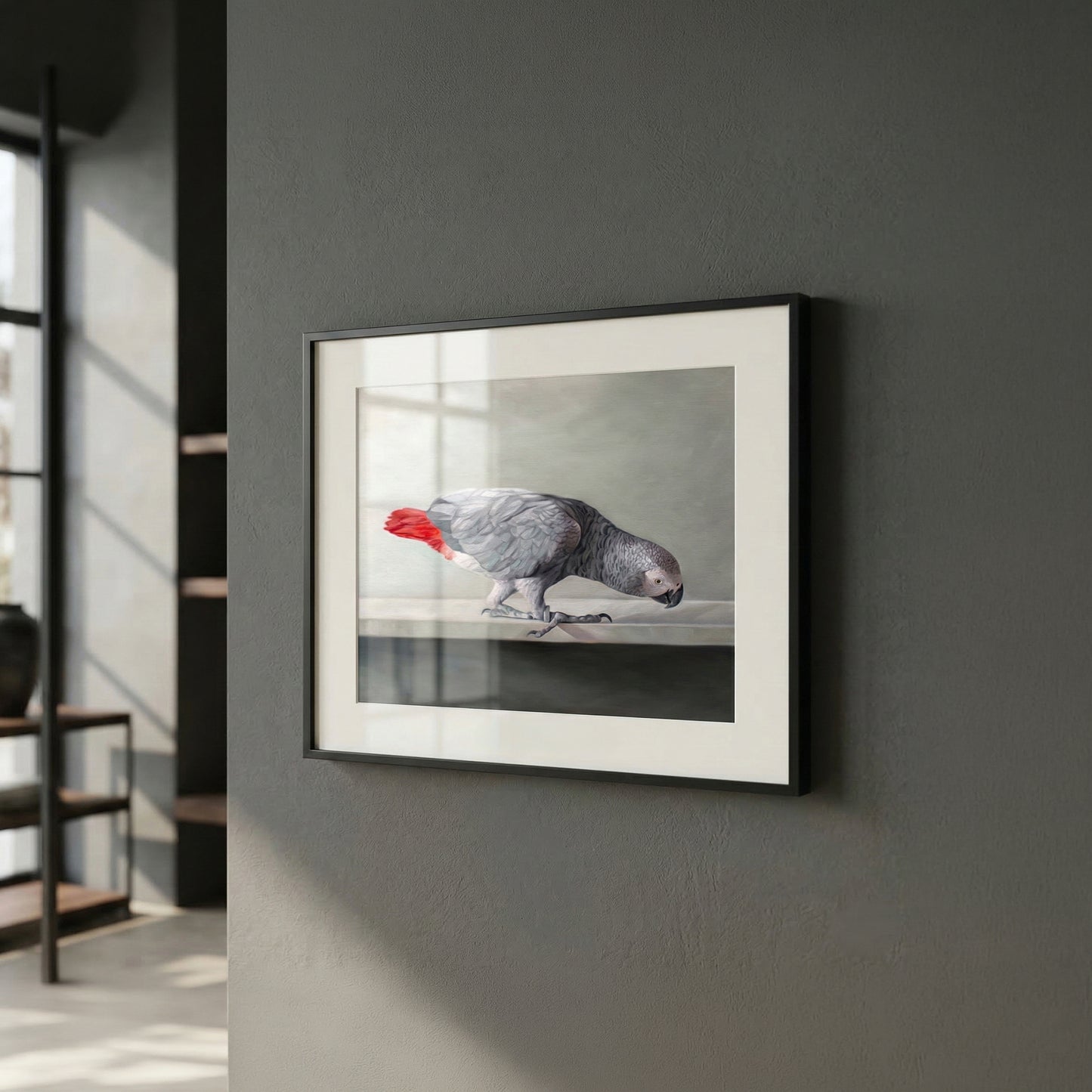 Framed fine art print of a curious African Grey parrot with a bright red tail, displayed on a dark gray wall.
