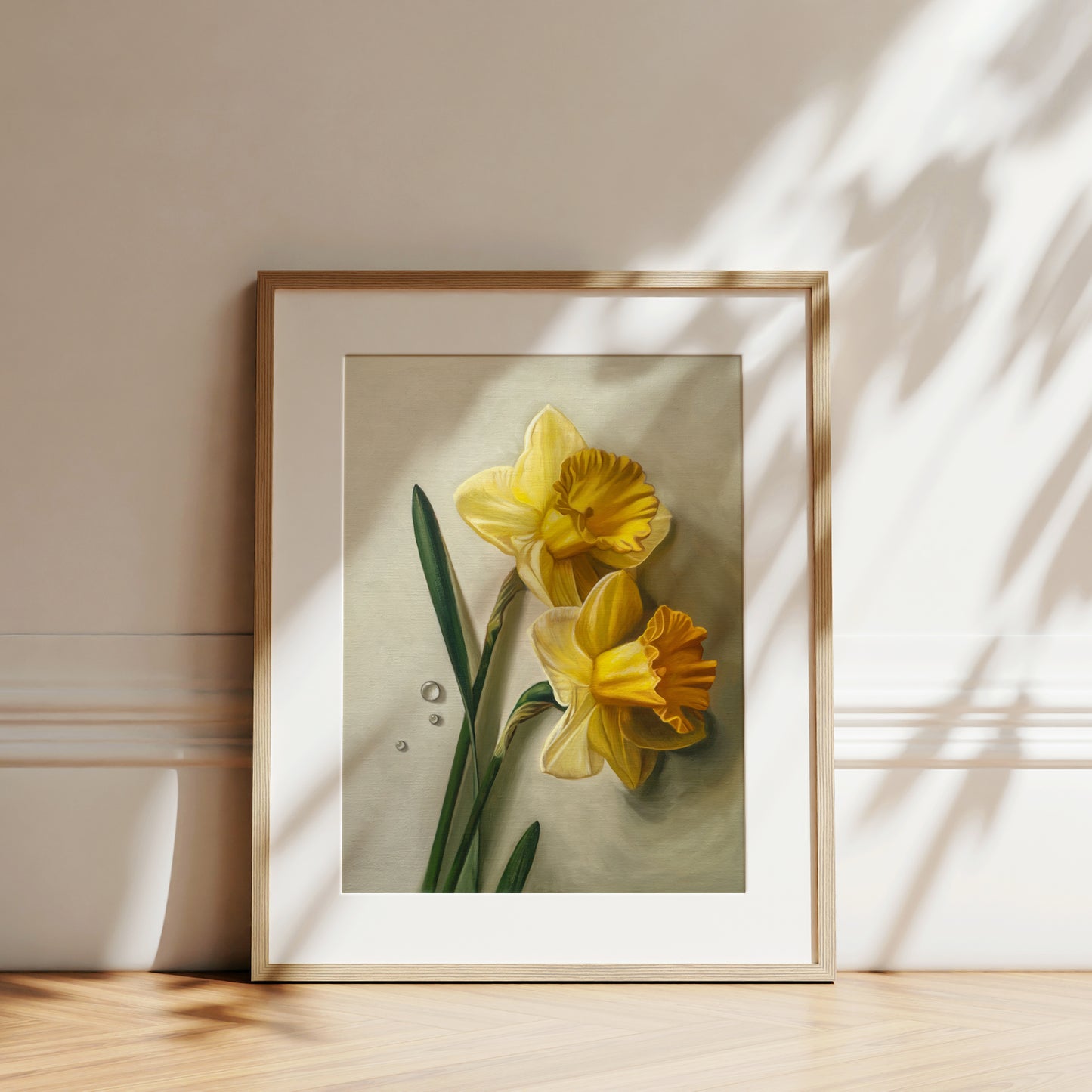 Daffodil Dew Drops Fine Art Print by Lauren Pretorius: a close-up of daffodil flowers with water droplets.