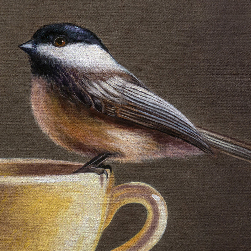 Chickadee & Yellow Cup | 14" x 11" Original Oil Painting