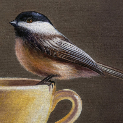 Chickadee & Yellow Cup | 14" x 11" Original Oil Painting