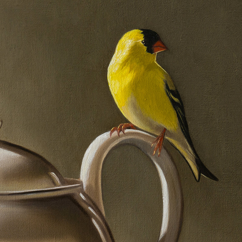 Goldfinch & Teapot | 14" x 11" Original Oil Painting