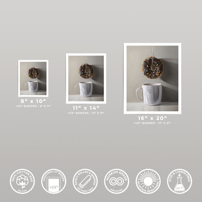 Three fine art prints of a chocolate donut and white coffee mug, available in 8x10, 11x14, and 16x20 sizes.