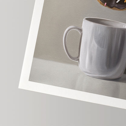 Fine art print of a gray coffee mug and a chocolate donut with sprinkles, on cotton rag paper.
