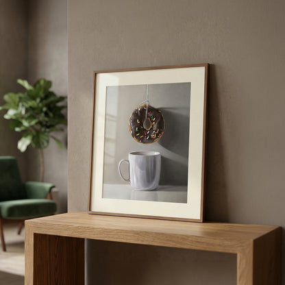 Framed fine art print of a chocolate donut with sprinkles hanging above a light gray coffee mug.
