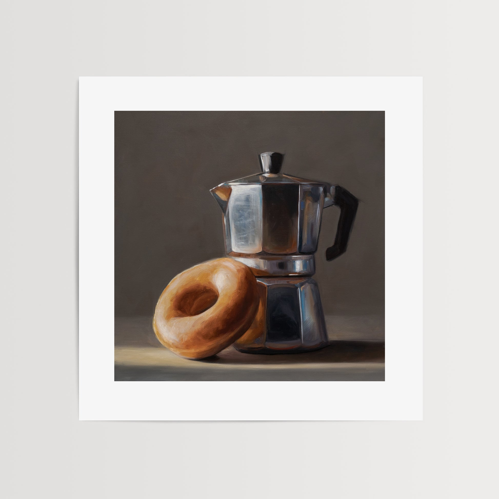 Donut & Moka Pot Fine Art Print by Lauren Pretorius: A reflective moka post espresso maker next to a donut.