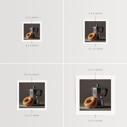 Donut & Moka Pot Fine Art Print by Lauren Pretorius: A reflective moka post espresso maker next to a donut.