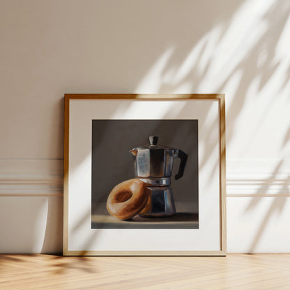 Donut & Moka Pot Fine Art Print by Lauren Pretorius: A reflective moka post espresso maker next to a donut.