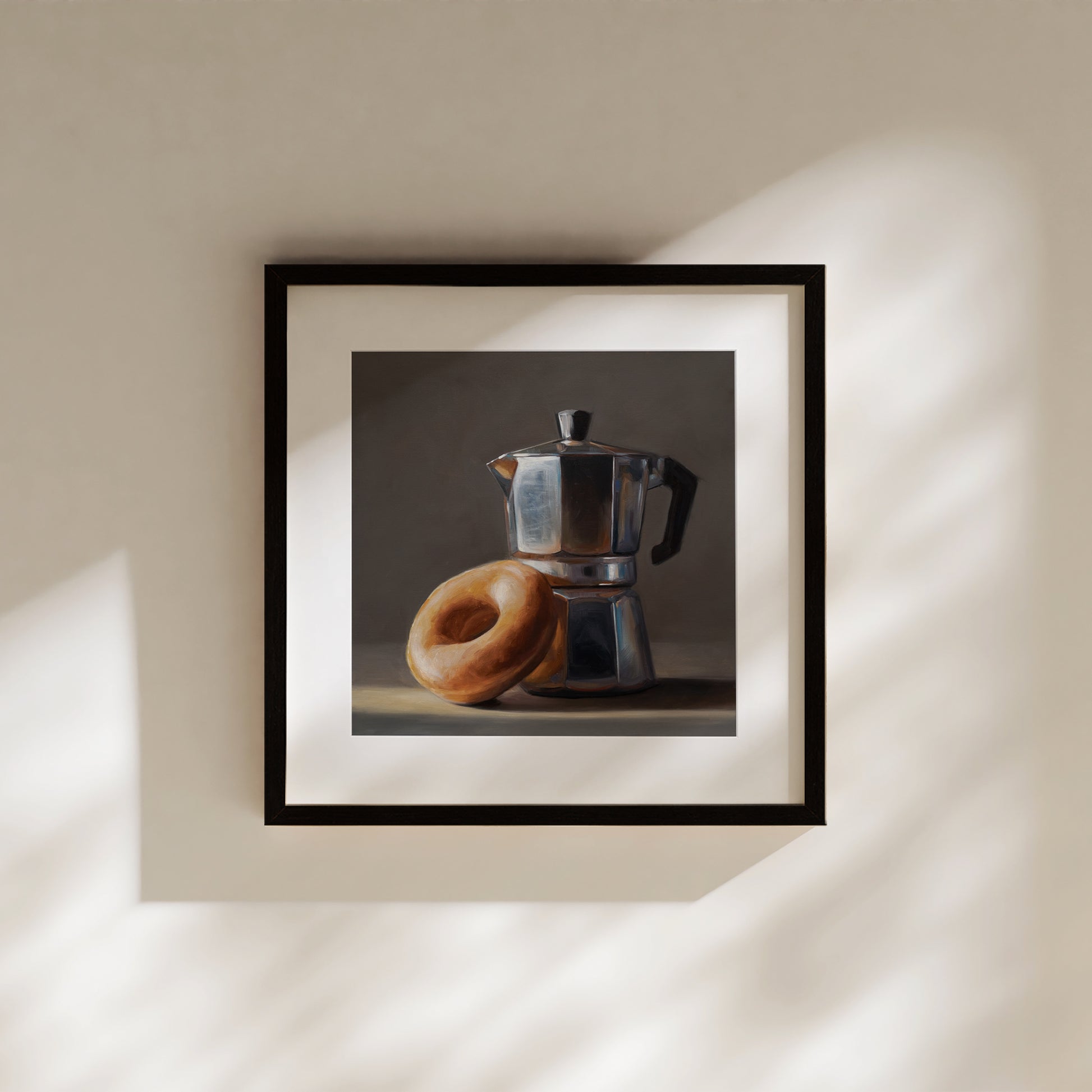Donut & Moka Pot Fine Art Print by Lauren Pretorius: A reflective moka post espresso maker next to a donut.