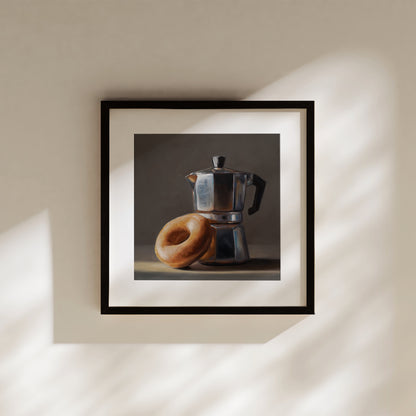Donut & Moka Pot Fine Art Print by Lauren Pretorius: A reflective moka post espresso maker next to a donut.