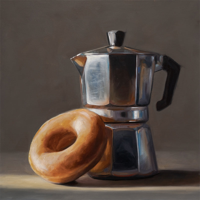 Donut & Moka Pot Fine Art Print by Lauren Pretorius: A reflective moka post espresso maker next to a donut.