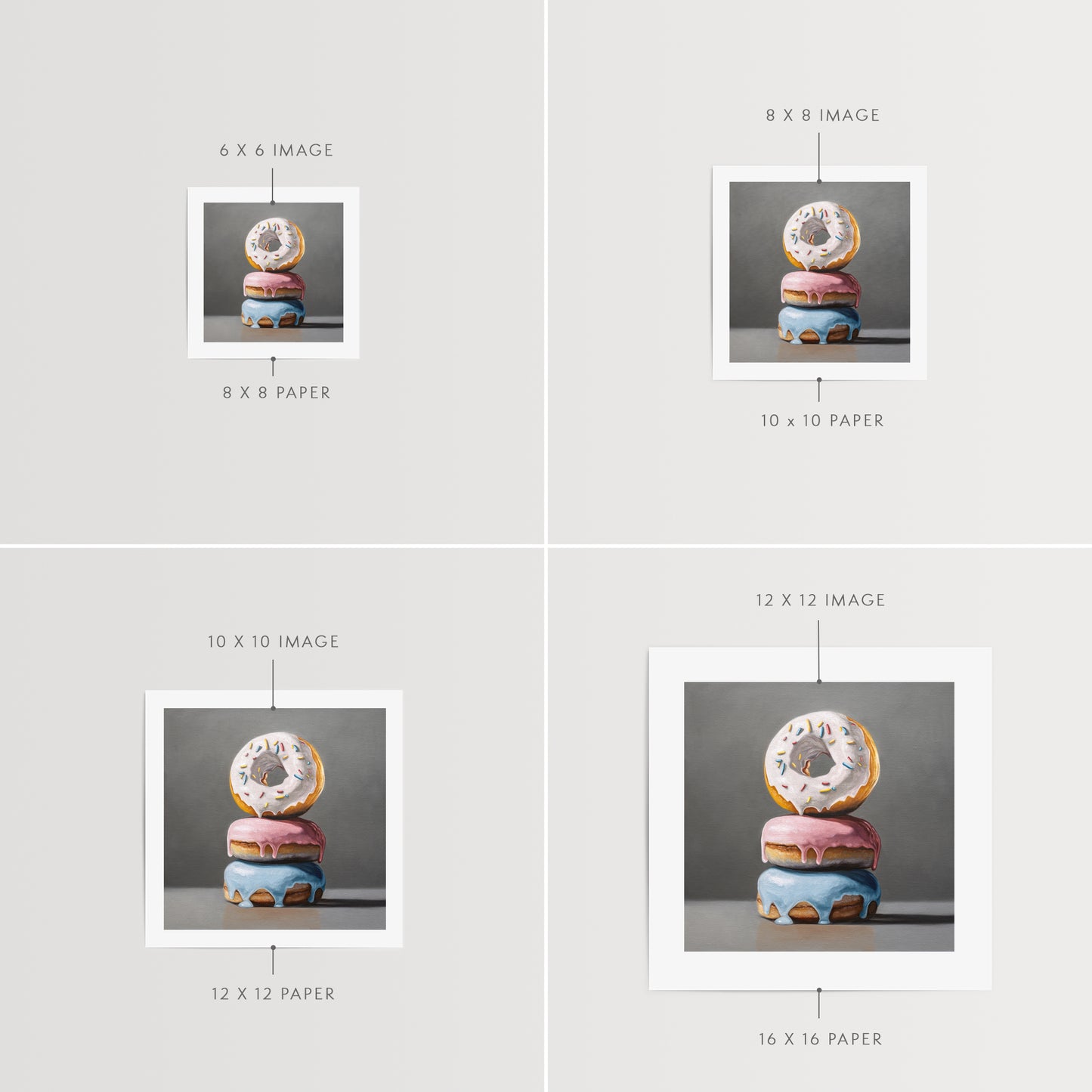 Donut Stack Trio Fine Art Print by Lauren Pretorius: a trio of donuts with different colored frosting stacked top of each other.