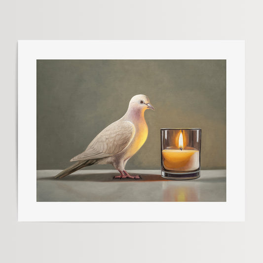 Dove & Candle Fine Art Print by Lauren Pretorius: a Mourning Dove standing next to a lit candle in a glass container.