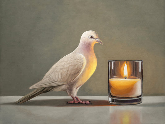 Dove & Candle Fine Art Print by Lauren Pretorius: a Mourning Dove standing next to a lit candle in a glass container.