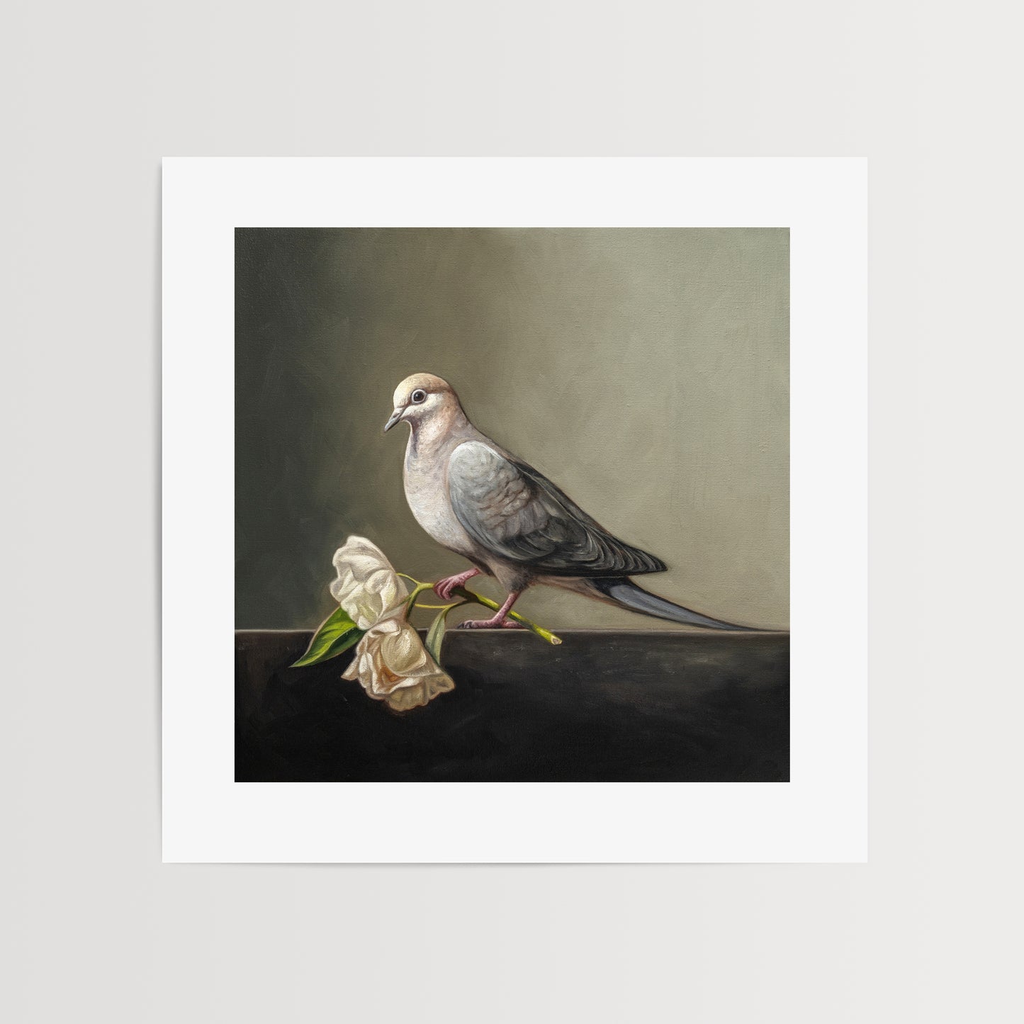 Dove & Roses Fine Art Print by Lauren Pretorius: a Mourning Dove holding a pair of wilting white roses.