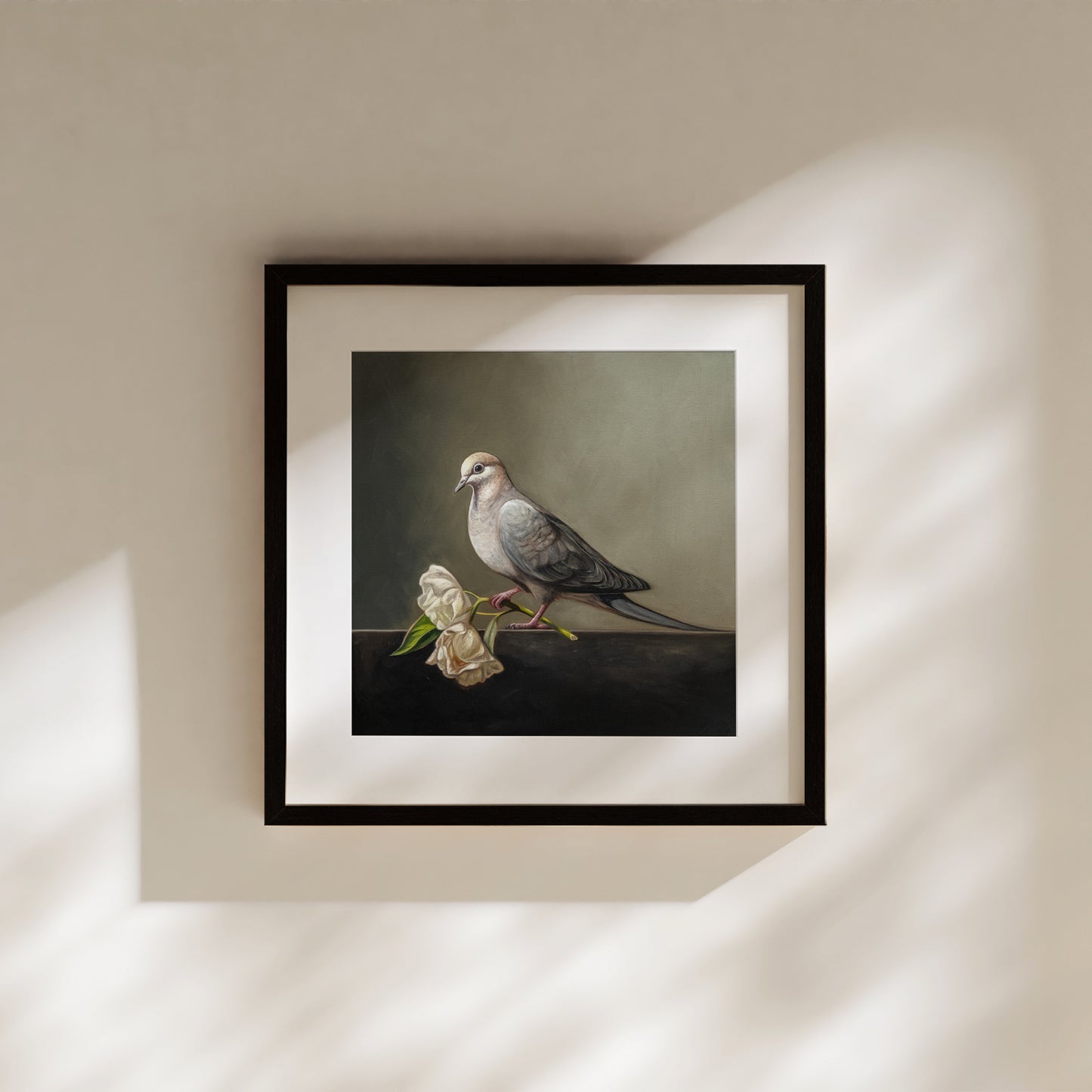Dove & Roses Fine Art Print by Lauren Pretorius: a Mourning Dove holding a pair of wilting white roses.