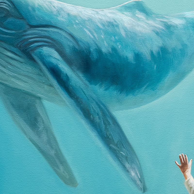 Dreaming of Giants 20" x 16" Original Oil Painting by Lauren Pretorius: a dreamlike vision of a young child holding a plush whale reaching upwards to a whale swimming above.