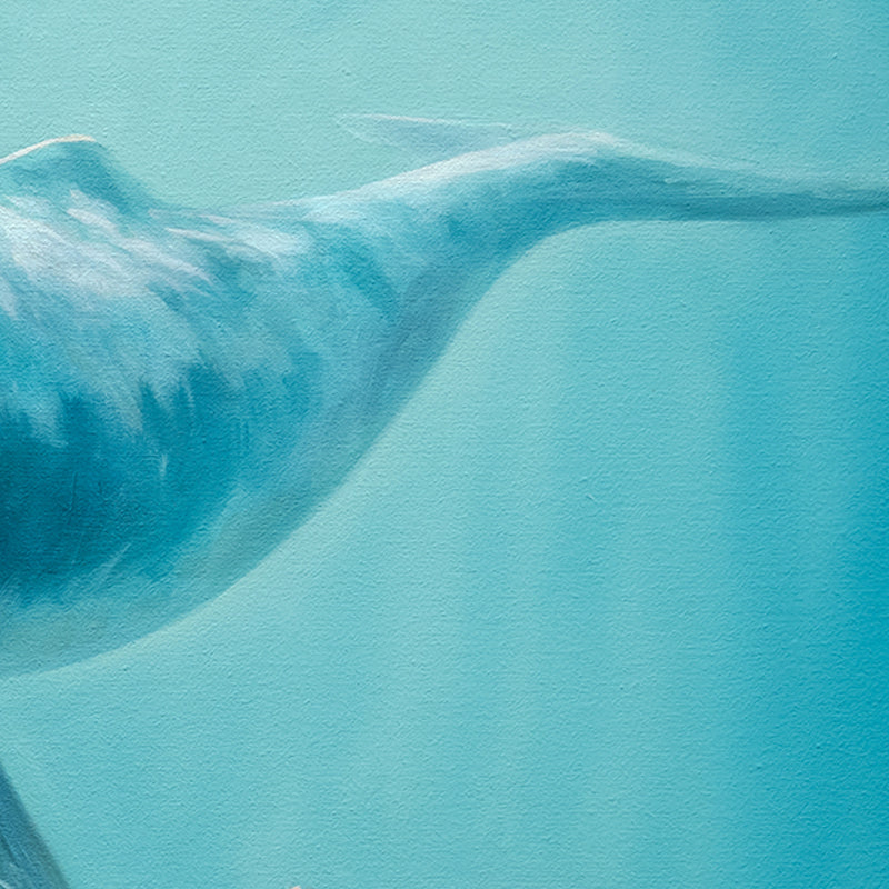 Dreaming of Giants 20" x 16" Original Oil Painting by Lauren Pretorius: a dreamlike vision of a young child holding a plush whale reaching upwards to a whale swimming above.