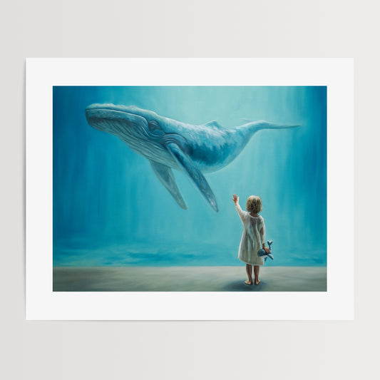 Dreaming of Giants, Whale and Child Fine Art Print by Lauren Pretorius: a dreamlike vision of a young child holding a plush whale reaching upwards to a whale swimming above.