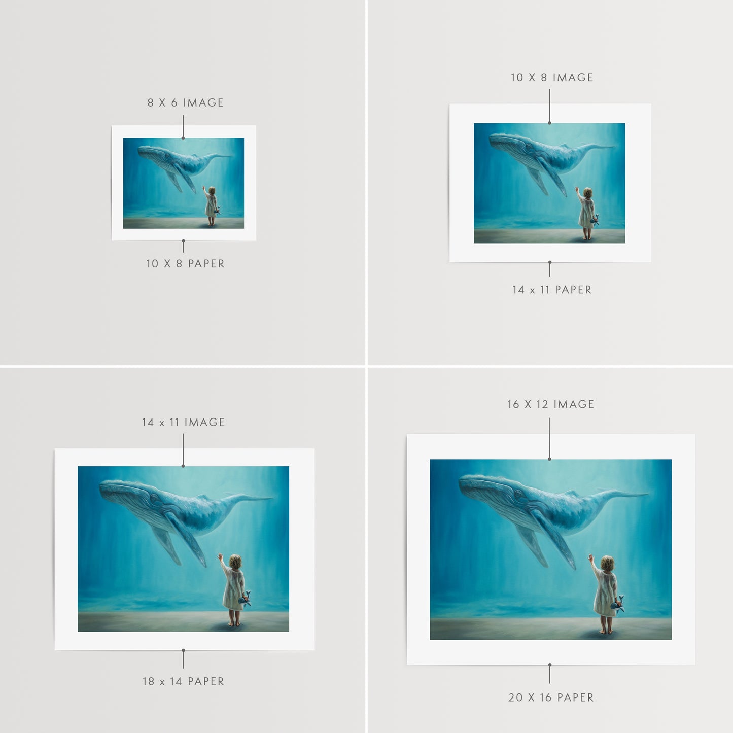 Dreaming of Giants, Whale and Child Fine Art Print by Lauren Pretorius: a dreamlike vision of a young child holding a plush whale reaching upwards to a whale swimming above.