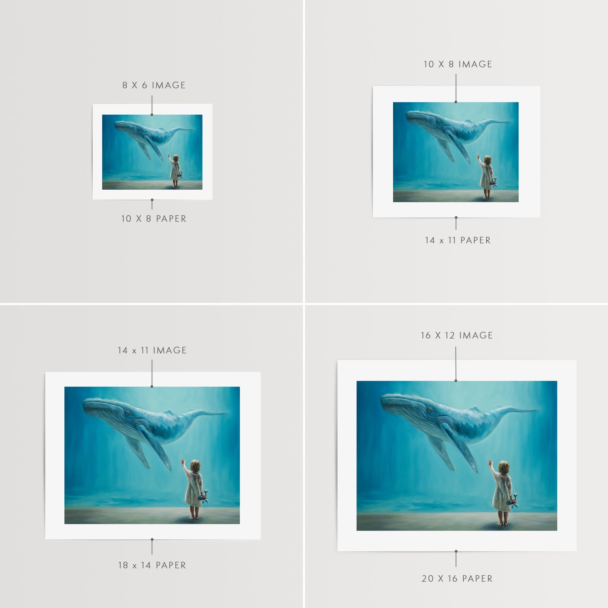 Dreaming of Giants, Whale and Child Fine Art Print by Lauren Pretorius: a dreamlike vision of a young child holding a plush whale reaching upwards to a whale swimming above.