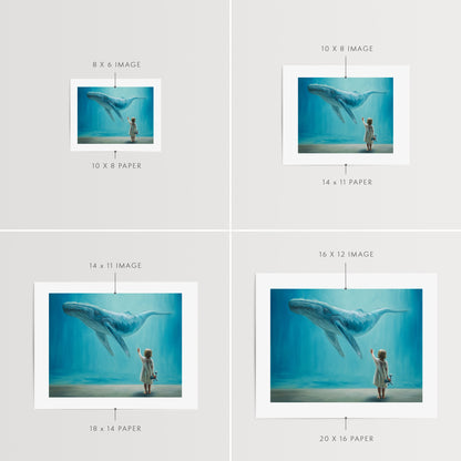 Dreaming of Giants, Whale and Child Fine Art Print by Lauren Pretorius: a dreamlike vision of a young child holding a plush whale reaching upwards to a whale swimming above.