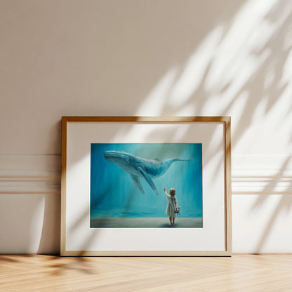 Dreaming of Giants, Whale and Child Fine Art Print by Lauren Pretorius: a dreamlike vision of a young child holding a plush whale reaching upwards to a whale swimming above.