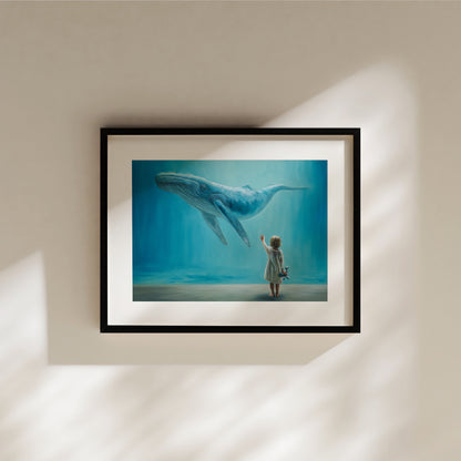 Dreaming of Giants, Whale and Child Fine Art Print by Lauren Pretorius: a dreamlike vision of a young child holding a plush whale reaching upwards to a whale swimming above.