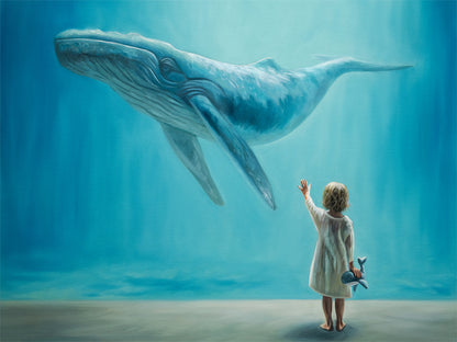 Dreaming of Giants, Whale and Child Fine Art Print by Lauren Pretorius: a dreamlike vision of a young child holding a plush whale reaching upwards to a whale swimming above.