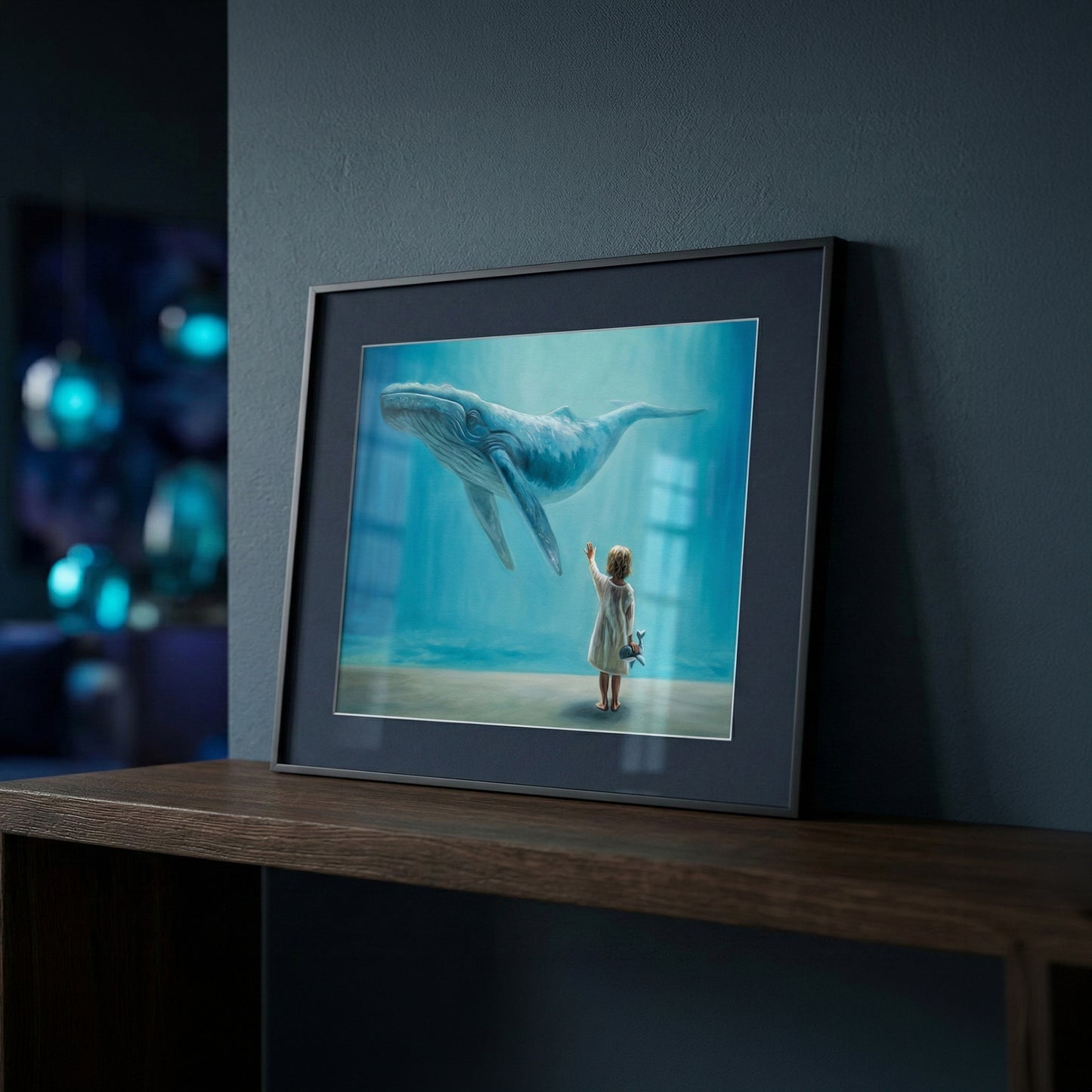 Framed fine art print: a child reaching towards a blue whale in an underwater scene.