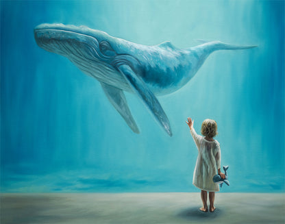 Fine art print of a child in a white dress reaching up to a large blue whale underwater.