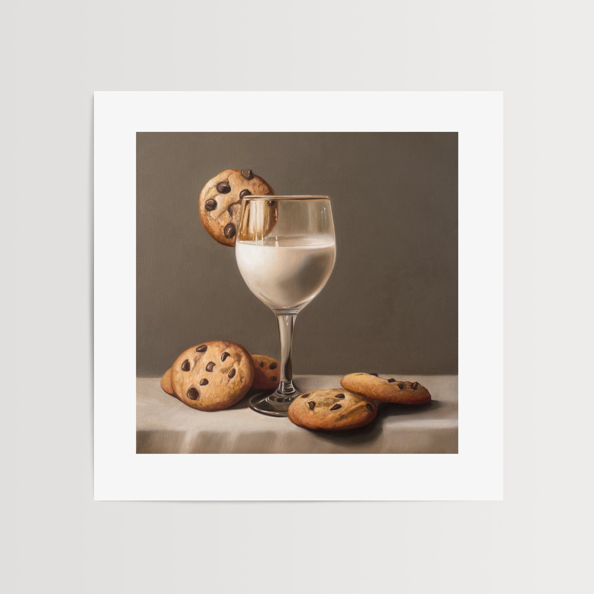 Fancy Milk & Cookies Fine Art Print by Lauren Pretorius: a stack of chocolate chip cookies and a fancy glass of milk in a wine glass.